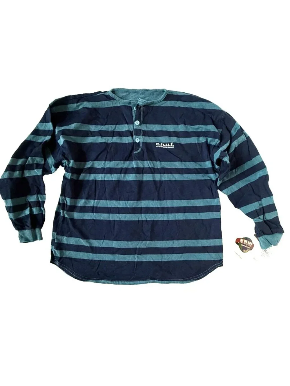 ENUF Internationale Mens S Blue Stripe Henley NEW Vintage 90s Button Long Sleeve
